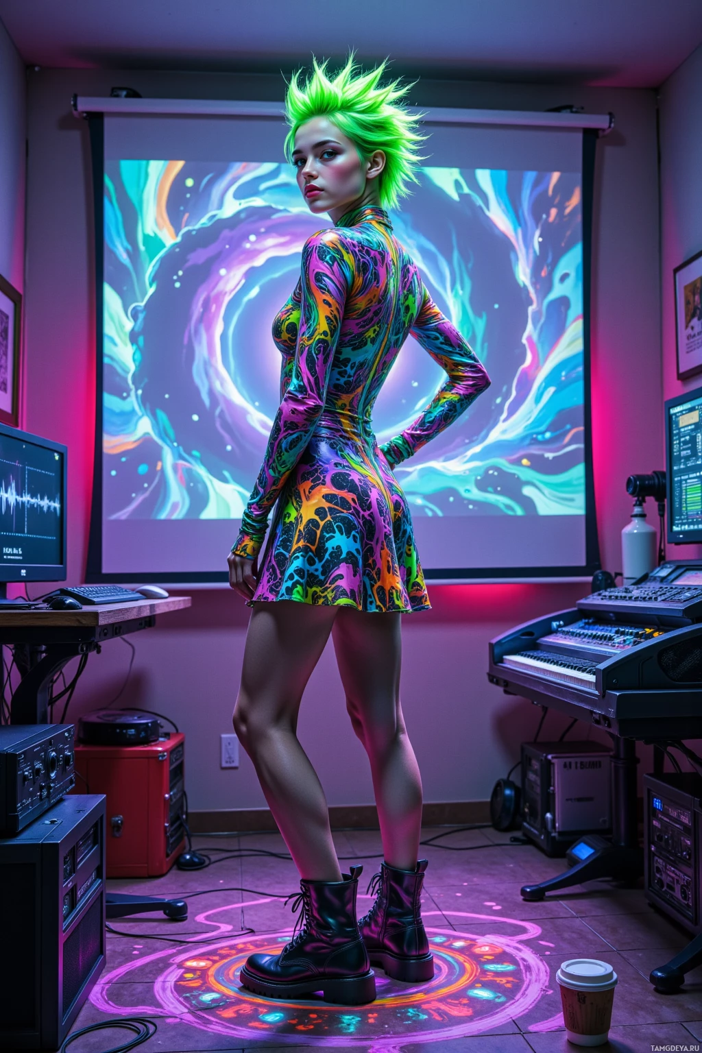 A person stands in a room with colorful, abstract art projected on the wall and a vibrant, patterned dress.