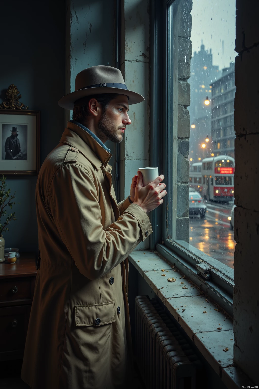 A man in a trench coat and fedora stands by a window, holding a cup, gazing out at a rainy cityscape.