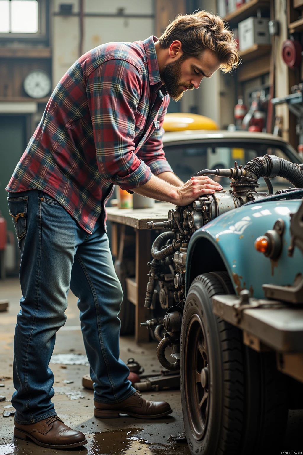 A man in a plaid shirt works on a vintage car in a garage.