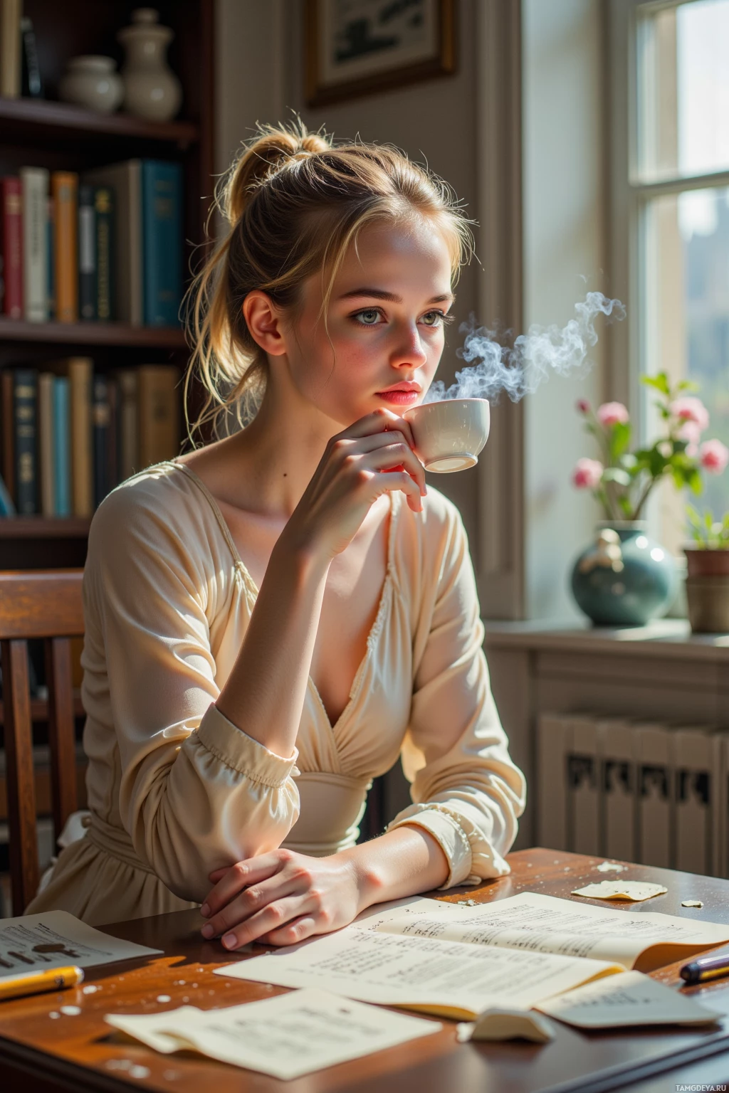 A woman sits at a desk, sipping from a cup, with papers and a pen in front of her, in a room with bookshelves and a window.