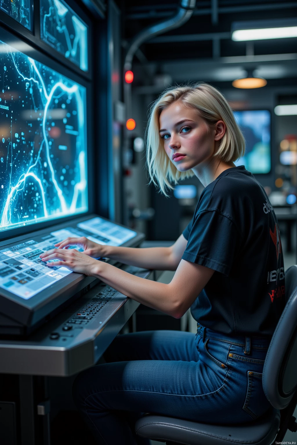 A person is seated at a control panel in a modern, tech-oriented environment.