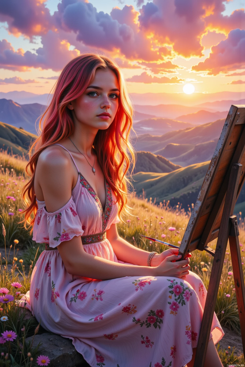 A woman in a floral dress sits on a hillside, painting at an easel under a vibrant sunset sky.