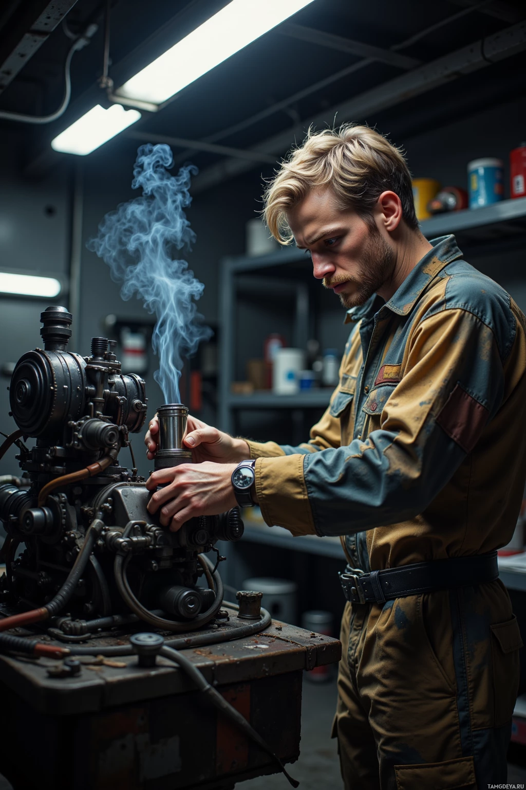 A man in a workshop setting works on a machine with smoke rising from it.