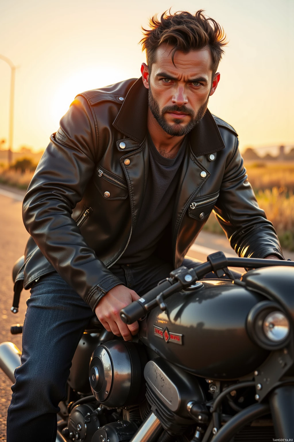 A man in a leather jacket sits on a motorcycle at sunset.