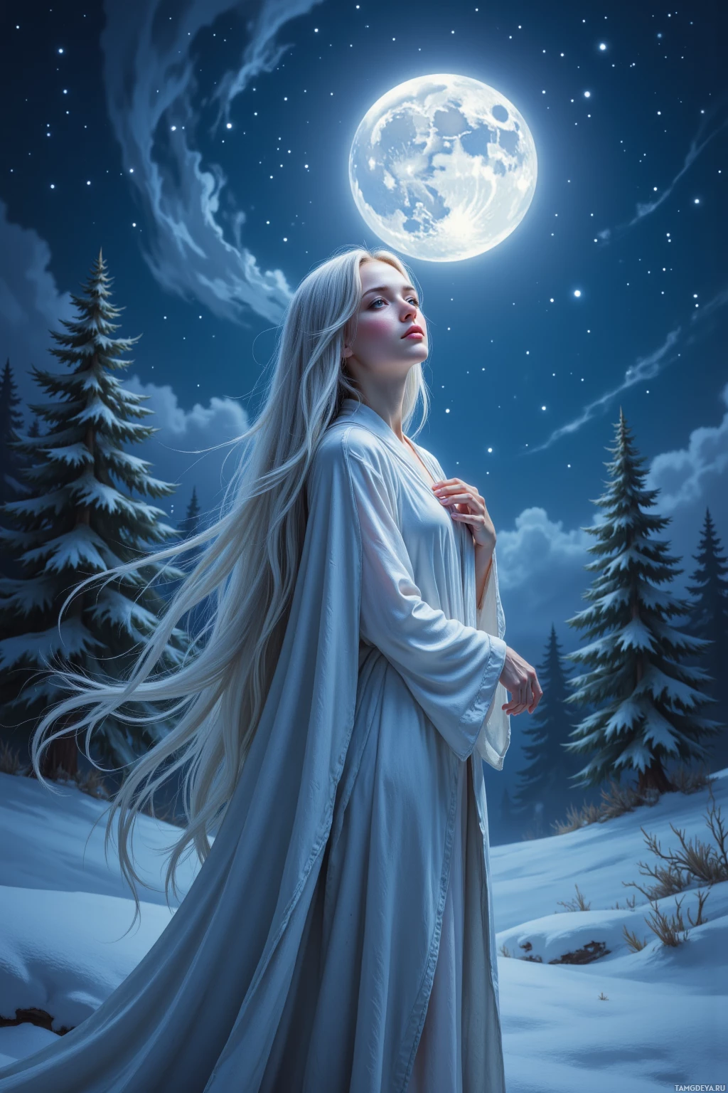A woman in a flowing white gown stands in a snowy landscape under a full moon.