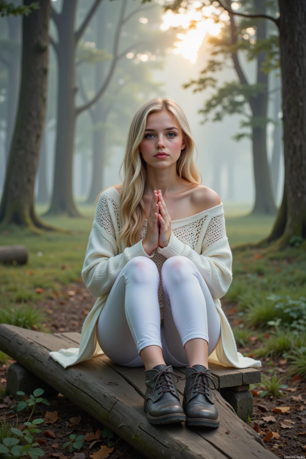 A woman sits on a log in a forest, hands clasped, wearing a white sweater and white pants.