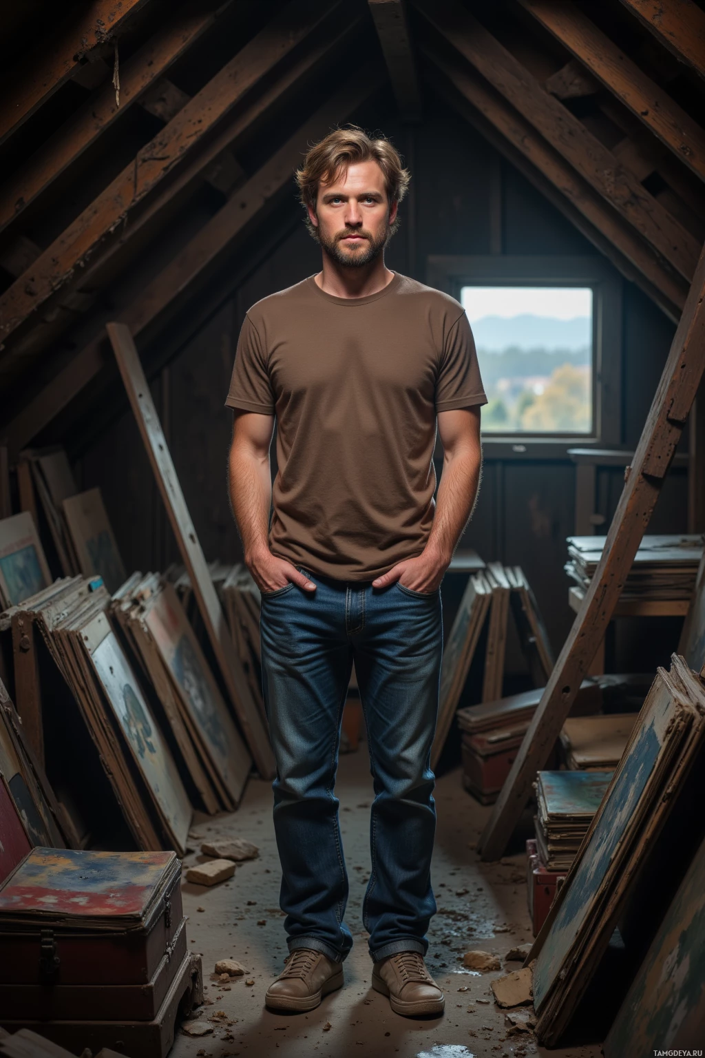 A man stands in an attic-like room with wooden beams and scattered items around him.