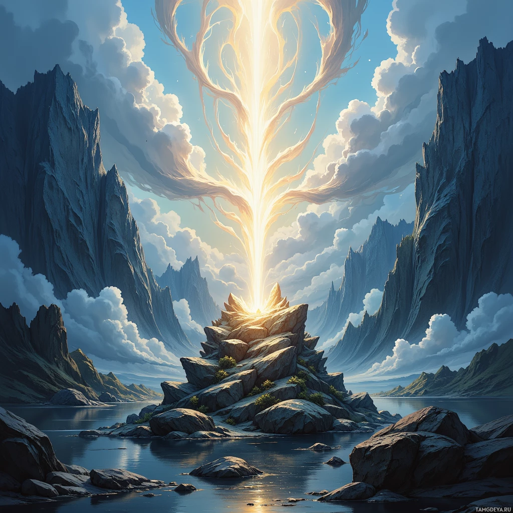 A serene landscape featuring jagged mountains, a glowing light source, and a calm body of water.