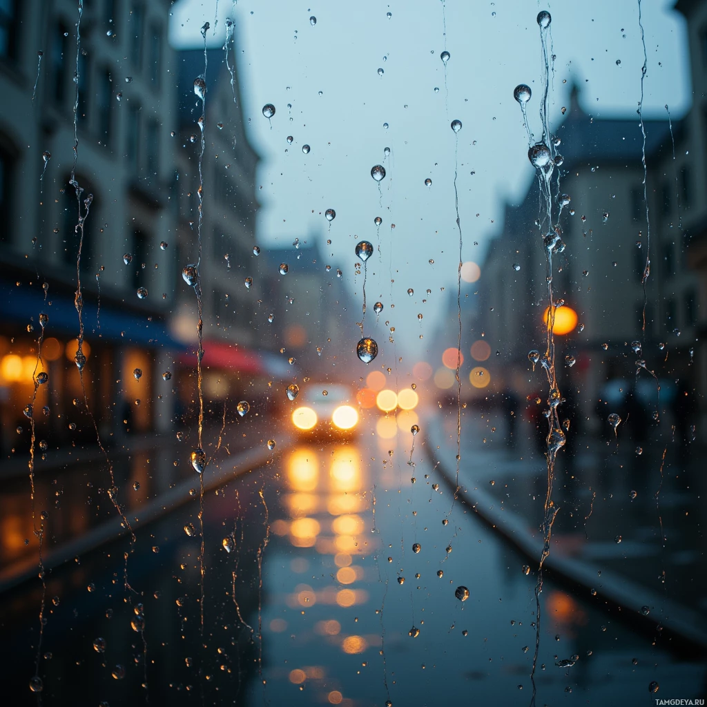 A rainy evening street scene with blurred lights and water droplets on the window.
