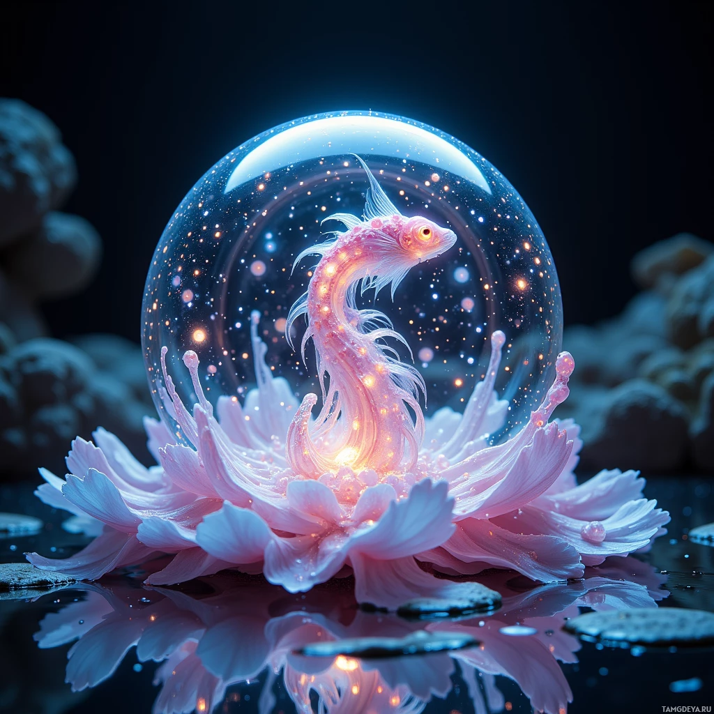 A glowing fish inside a glass sphere resting on a pink flower with a dark background.