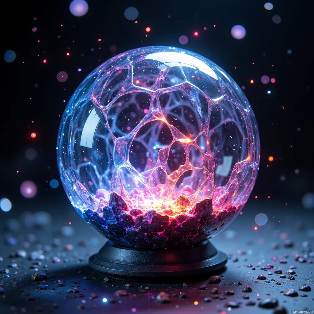 A glowing, intricate crystal ball with a fiery interior sits on a dark surface, surrounded by colorful bokeh lights.