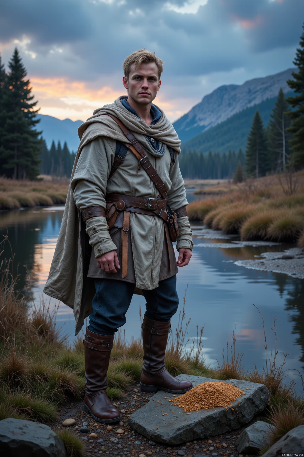 A person stands by a river in a rugged, outdoor setting with mountains in the background.