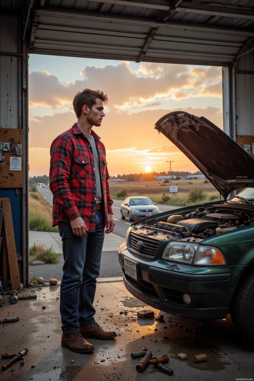 A man stands by an open car hood in front of a garage door with scattered tools on the ground and a sunset in the background.