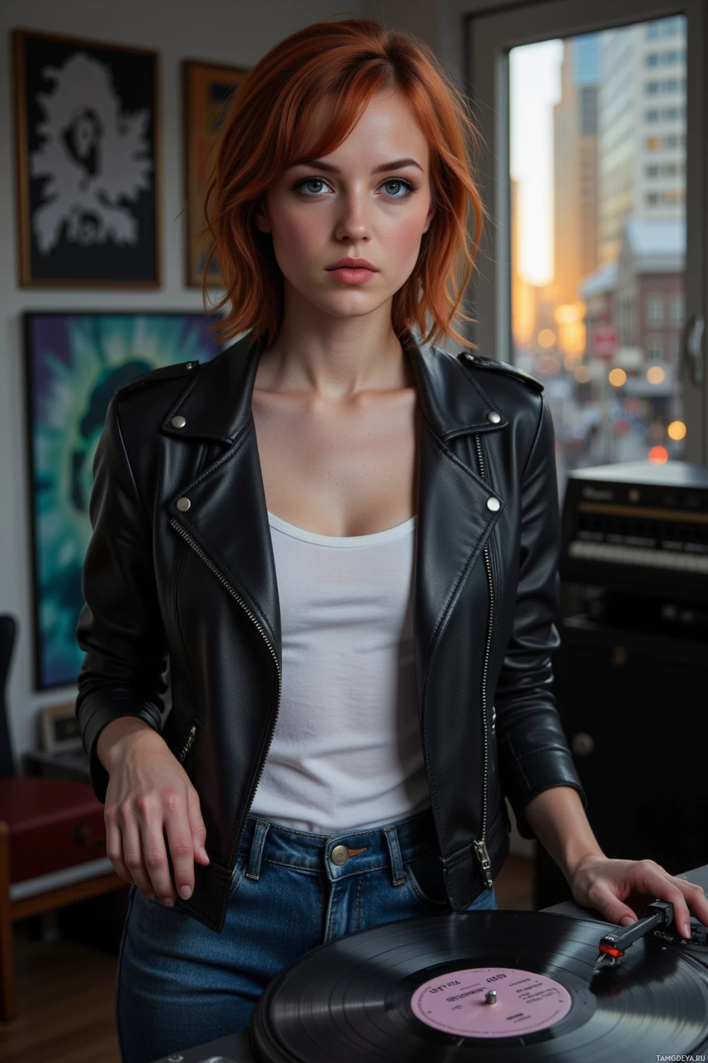 A person wearing a black leather jacket and jeans stands by a record player in front of a cityscape window.