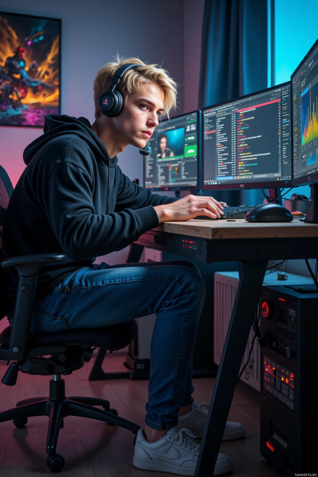 A person wearing headphones sits at a desk with multiple monitors displaying video editing software and audio levels.