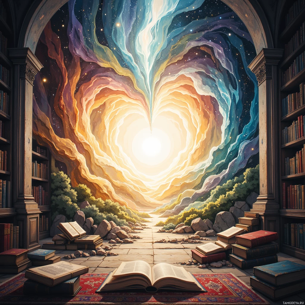 A vibrant, cosmic scene with a heart-shaped portal in a library setting.