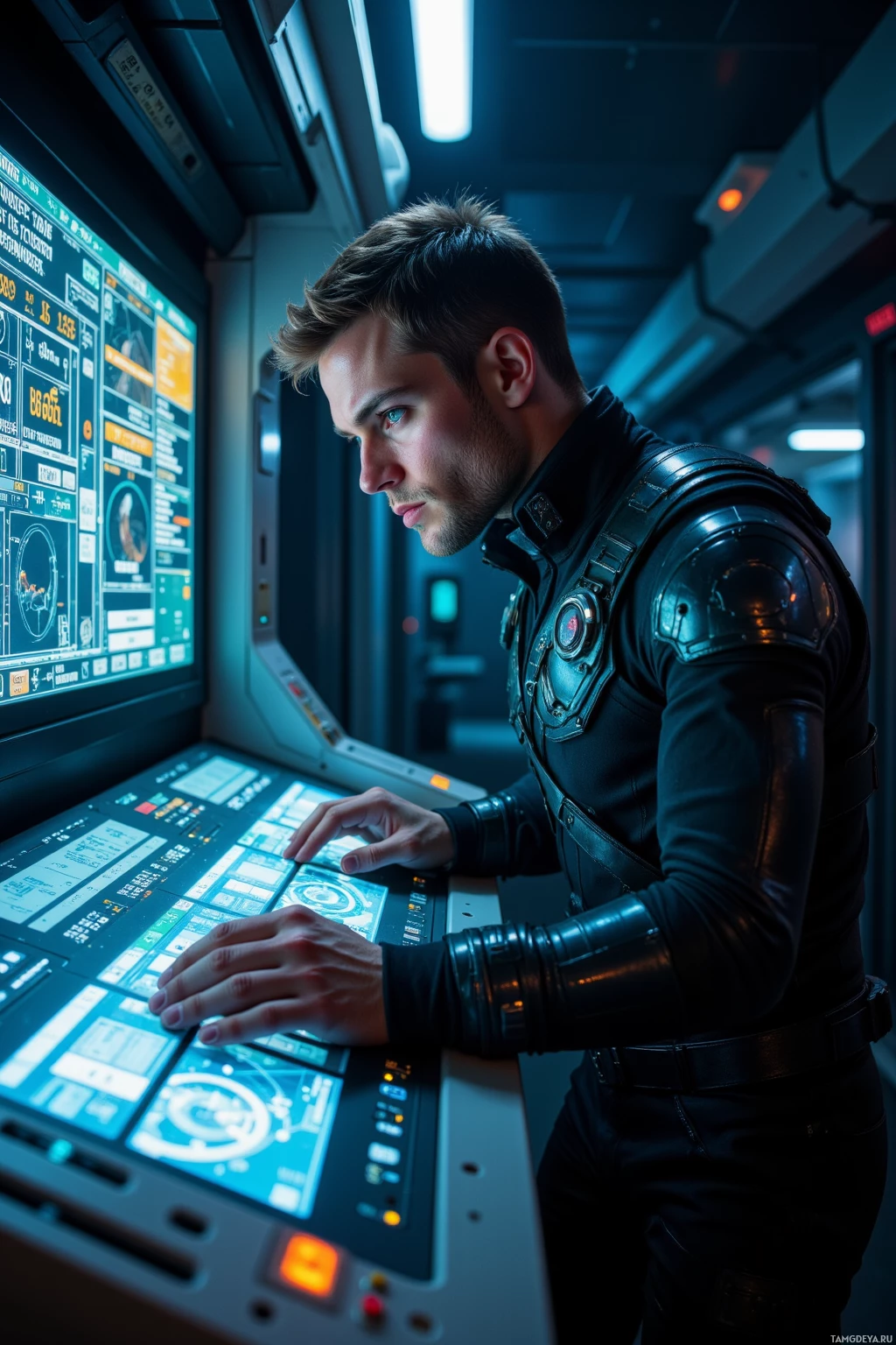 A person in a futuristic outfit is operating a high-tech control panel in a dimly lit environment.