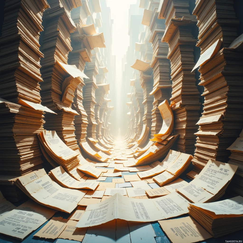 A tunnel of stacked papers leading towards a bright light at the end.