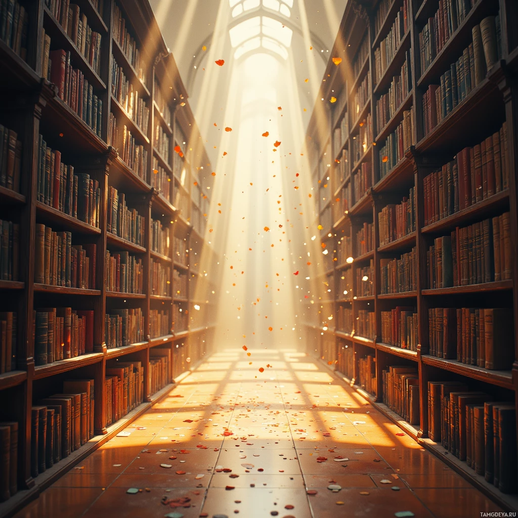 A sunlit library aisle with bookshelves on either side and falling petals creating a warm glow.