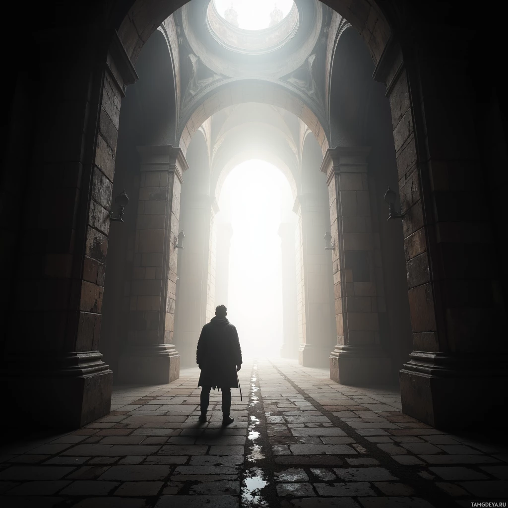 A solitary figure stands at the entrance of an ancient stone archway, bathed in light from above.