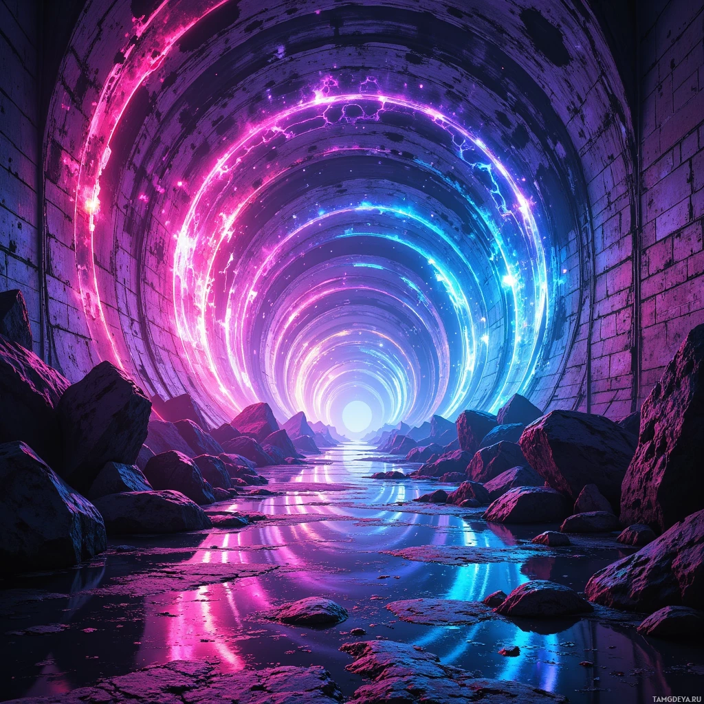 A futuristic tunnel with glowing neon lights and reflective water.