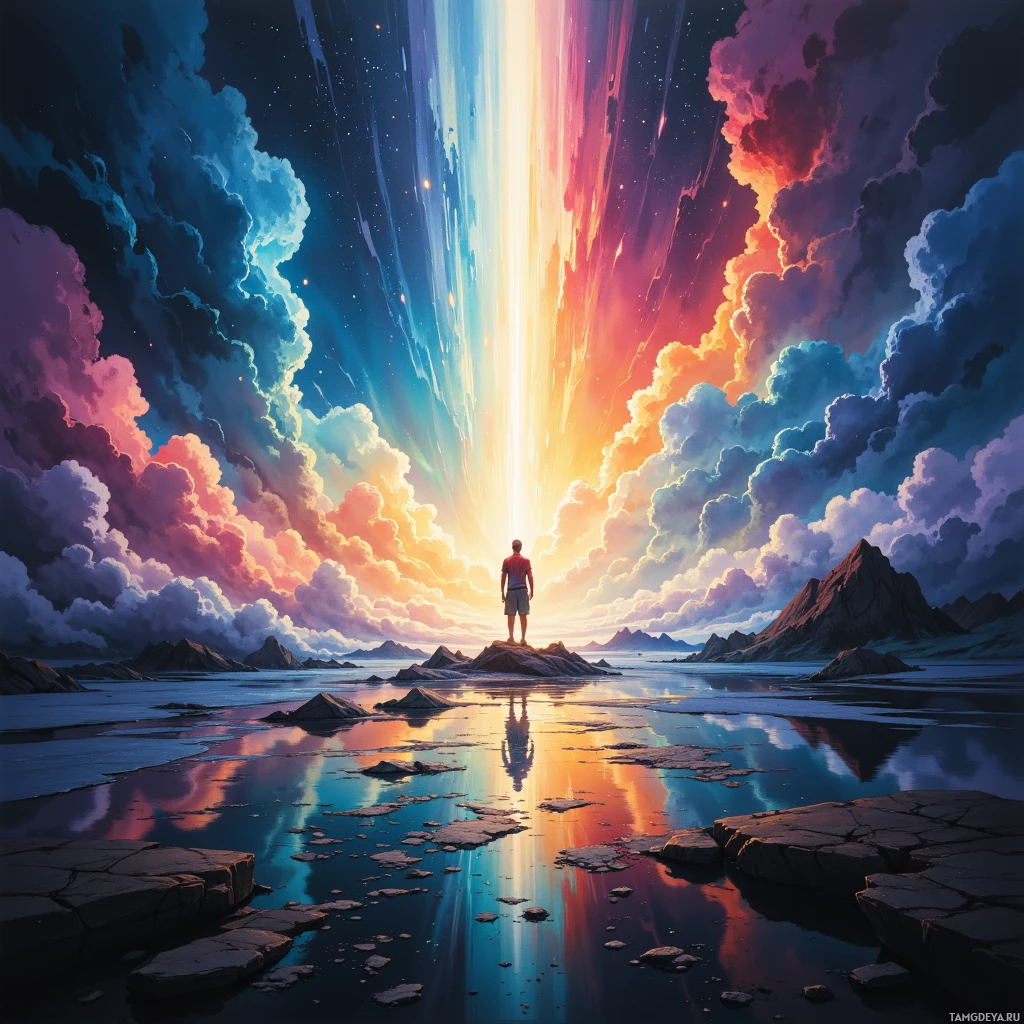 A person stands on a rocky outcrop, gazing at a vibrant sky with a radiant light source.