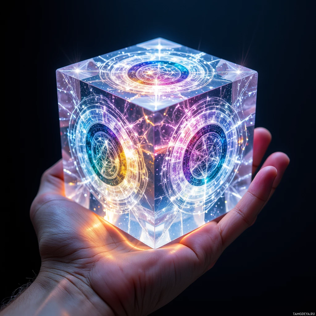 A hand holds a glowing, transparent cube with intricate, colorful patterns inside against a dark background.