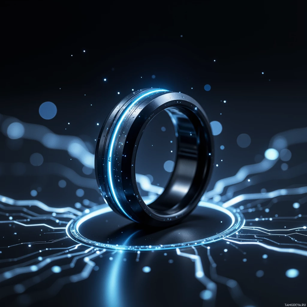 A glowing blue ring with circuit-like patterns and particles around it on a dark background.
