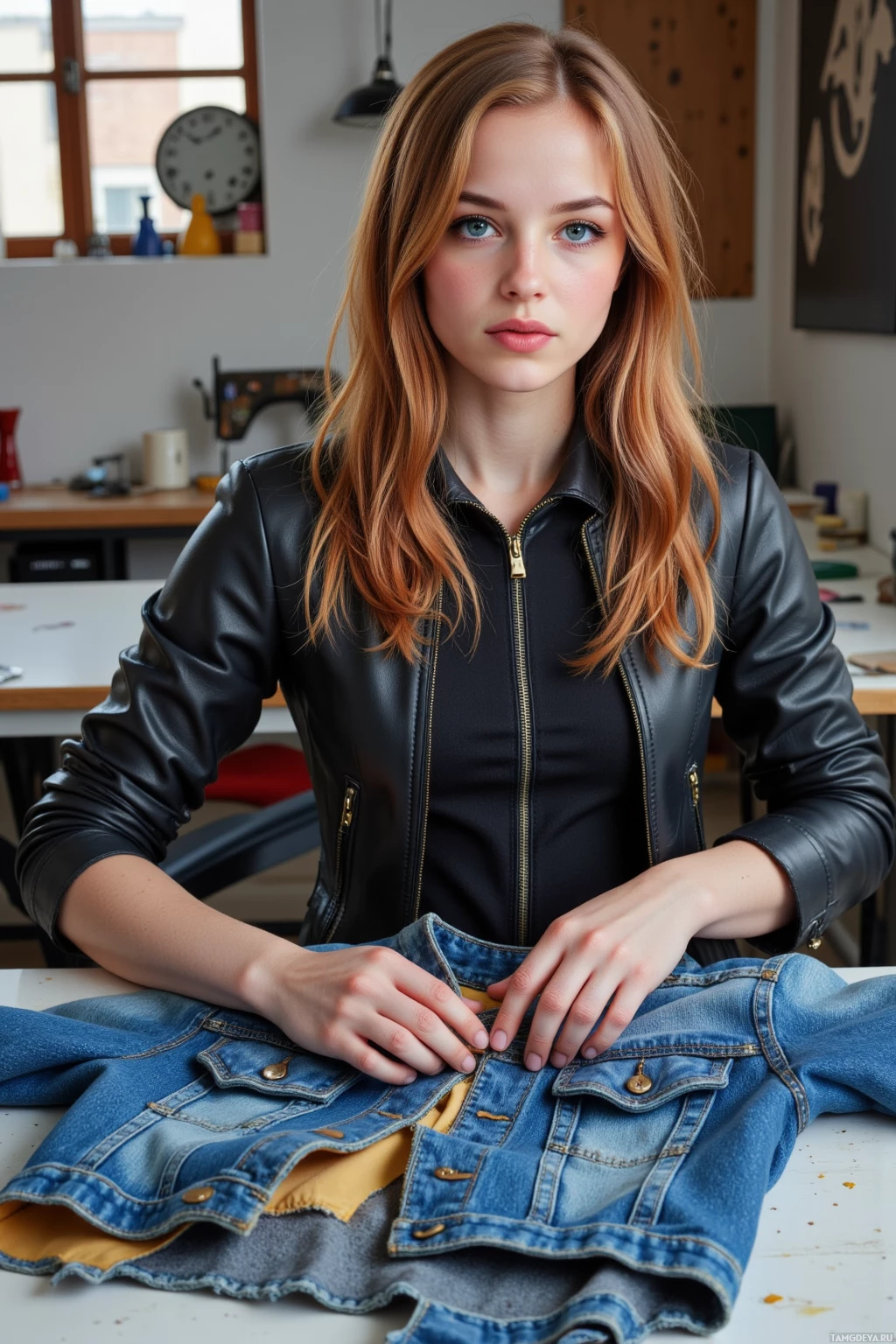 A person wearing a black leather jacket is seated at a table, handling a denim jacket.