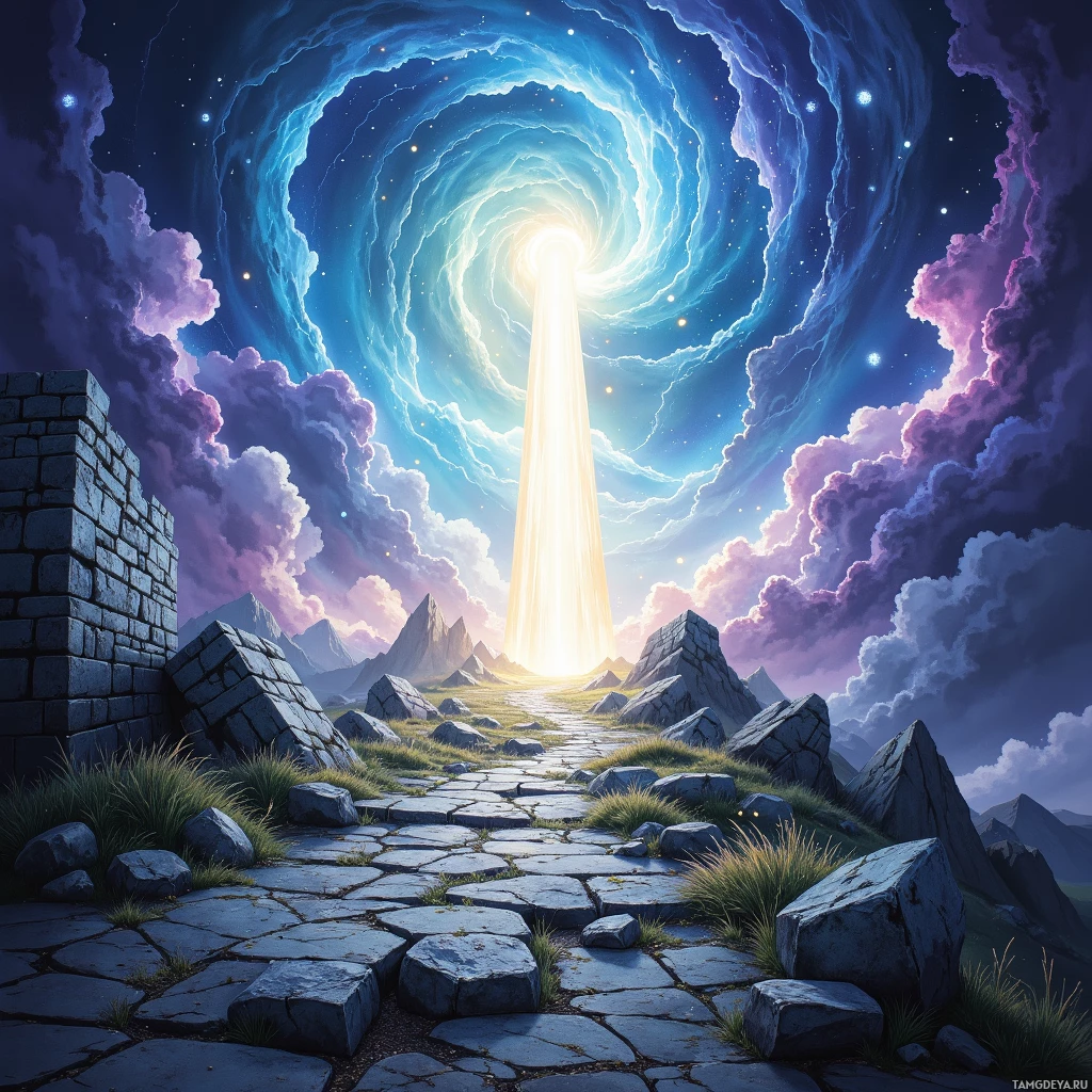A mystical scene featuring a glowing portal in the sky, surrounded by vibrant clouds and a stone path leading towards it.