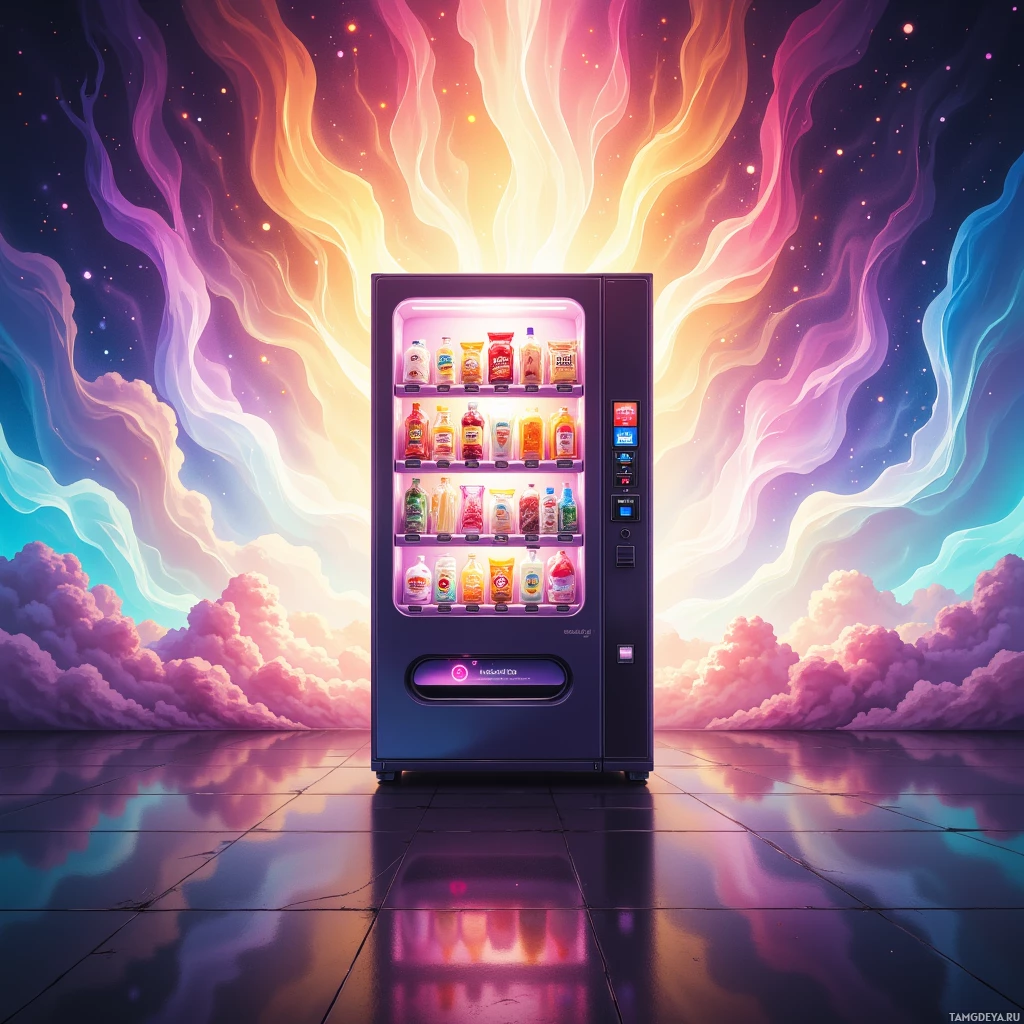 A vending machine is illuminated against a vibrant sky backdrop with swirling clouds and colorful light effects.