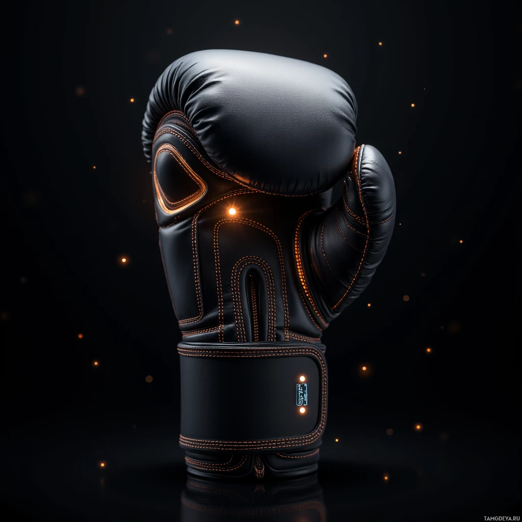 A black boxing glove with orange stitching and glowing accents is displayed against a dark background.