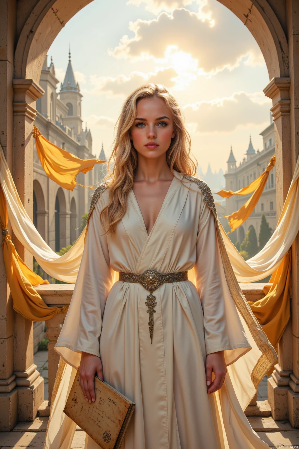 A woman in a flowing robe stands in an archway with golden drapes, holding a book.