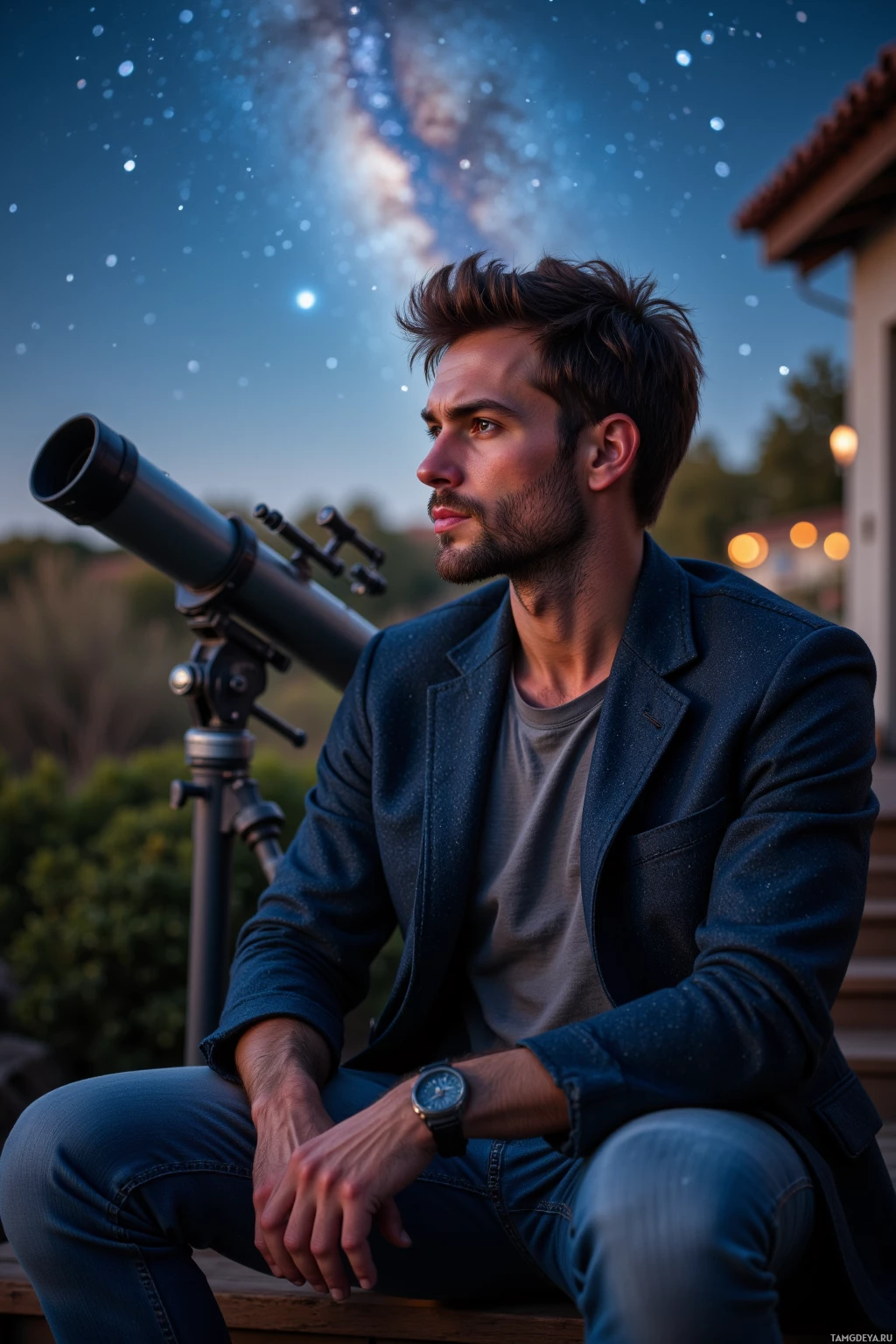 A person sits on steps at night with a telescope and gazes up at the stars.