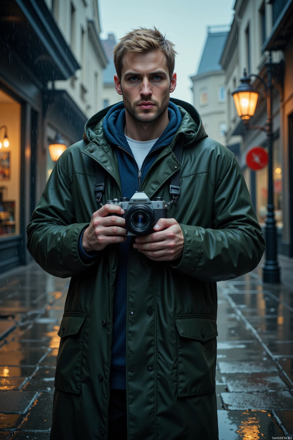 A person wearing a green coat holds a camera in a rainy urban setting.