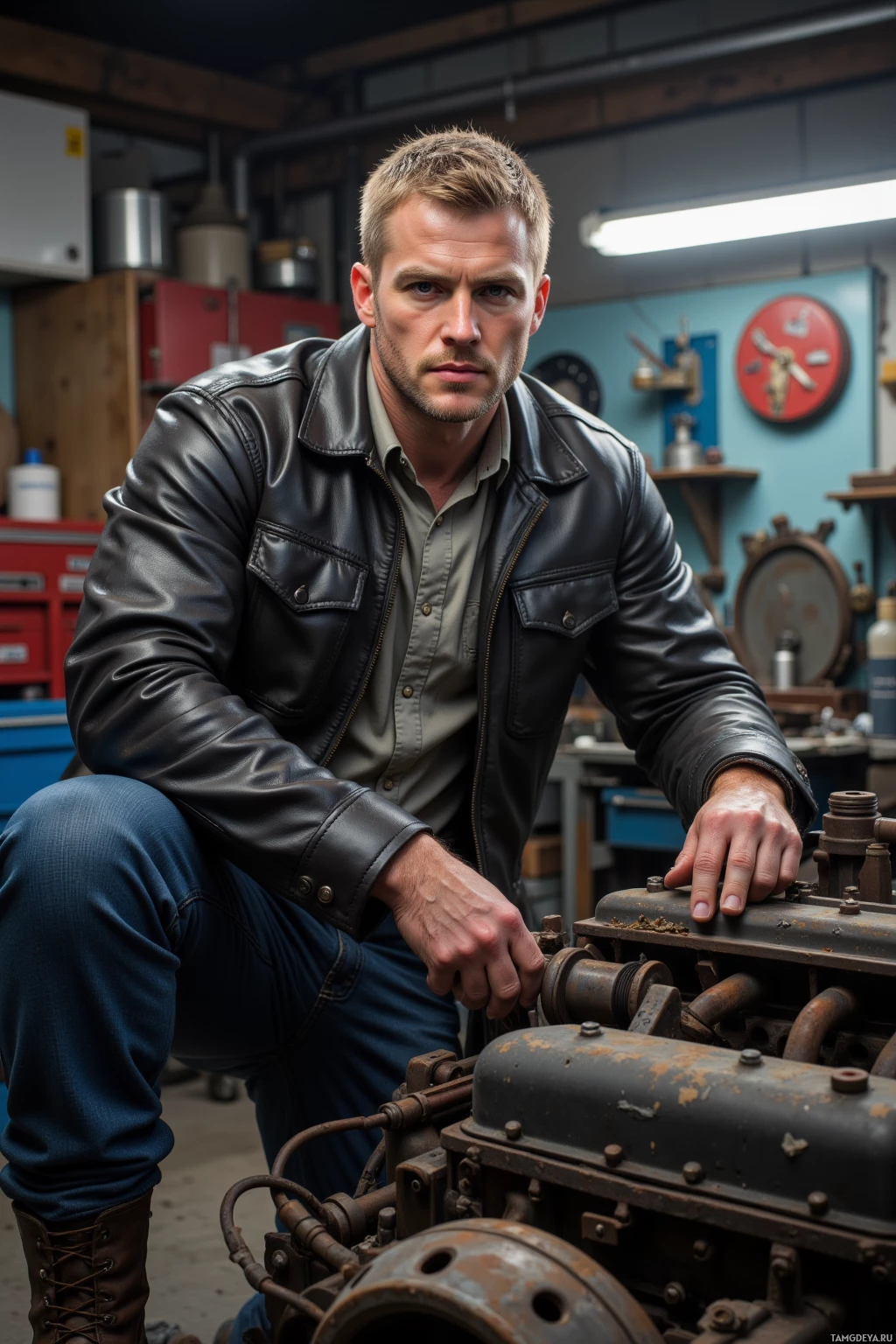 A man in a leather jacket and jeans is working on a rusted engine in a workshop.