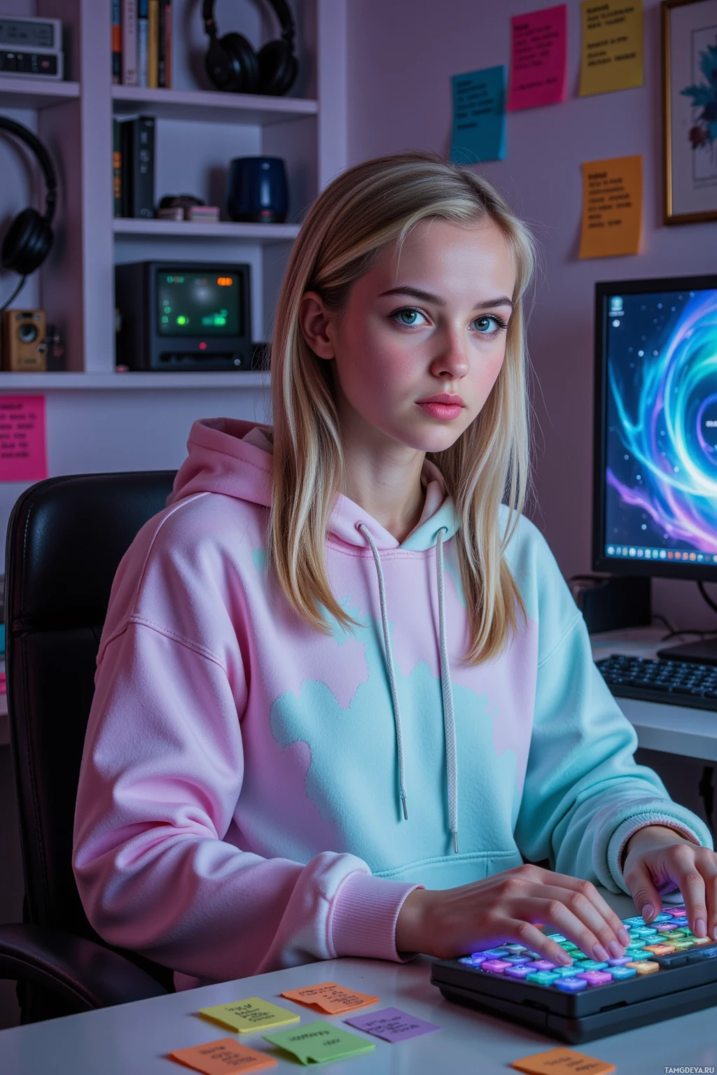 A person wearing a pastel hoodie sits at a desk with a colorful keyboard and sticky notes in front of them.