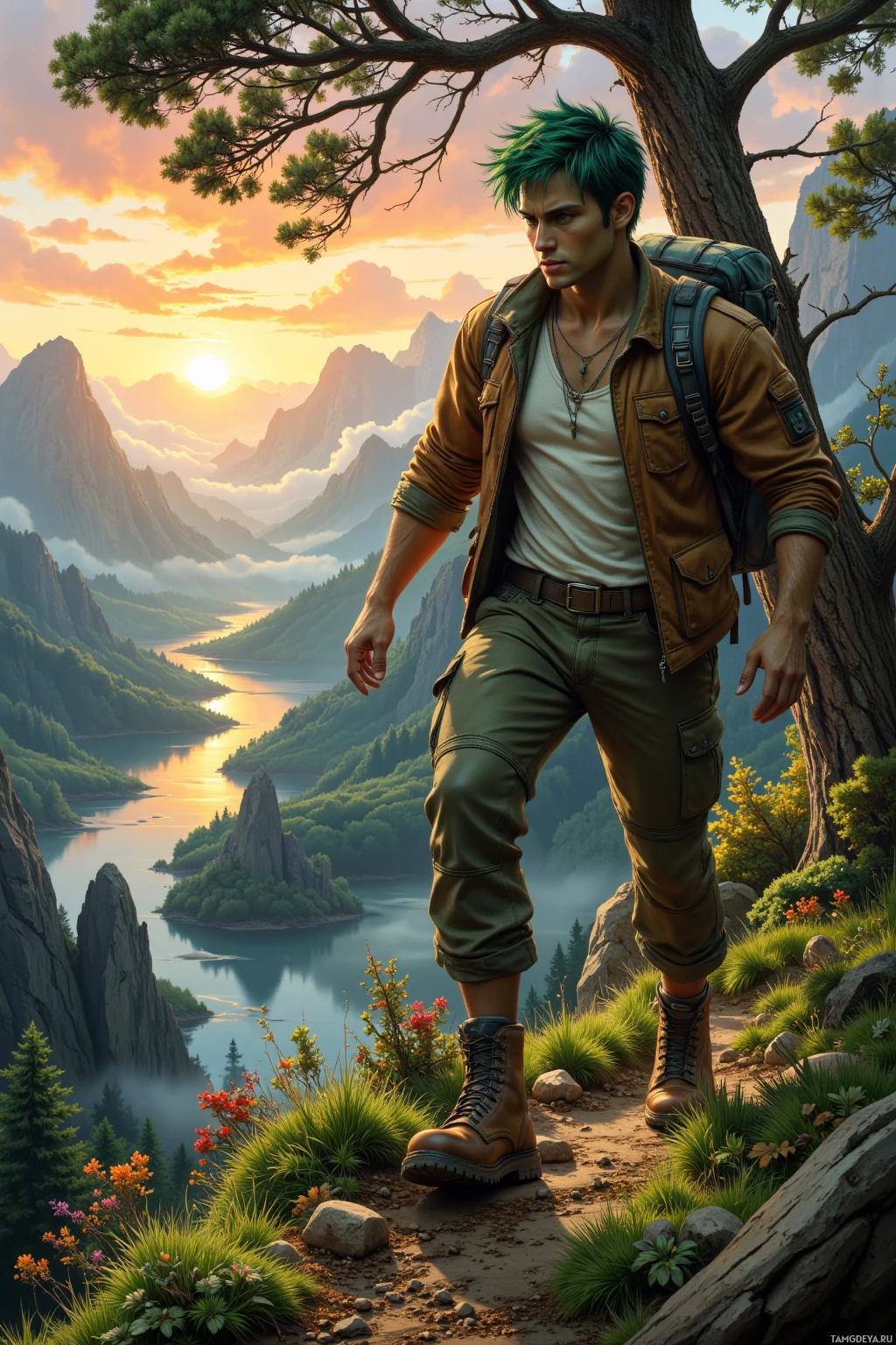 A person with green hair stands on a scenic overlook at sunset, overlooking a lake and mountains.