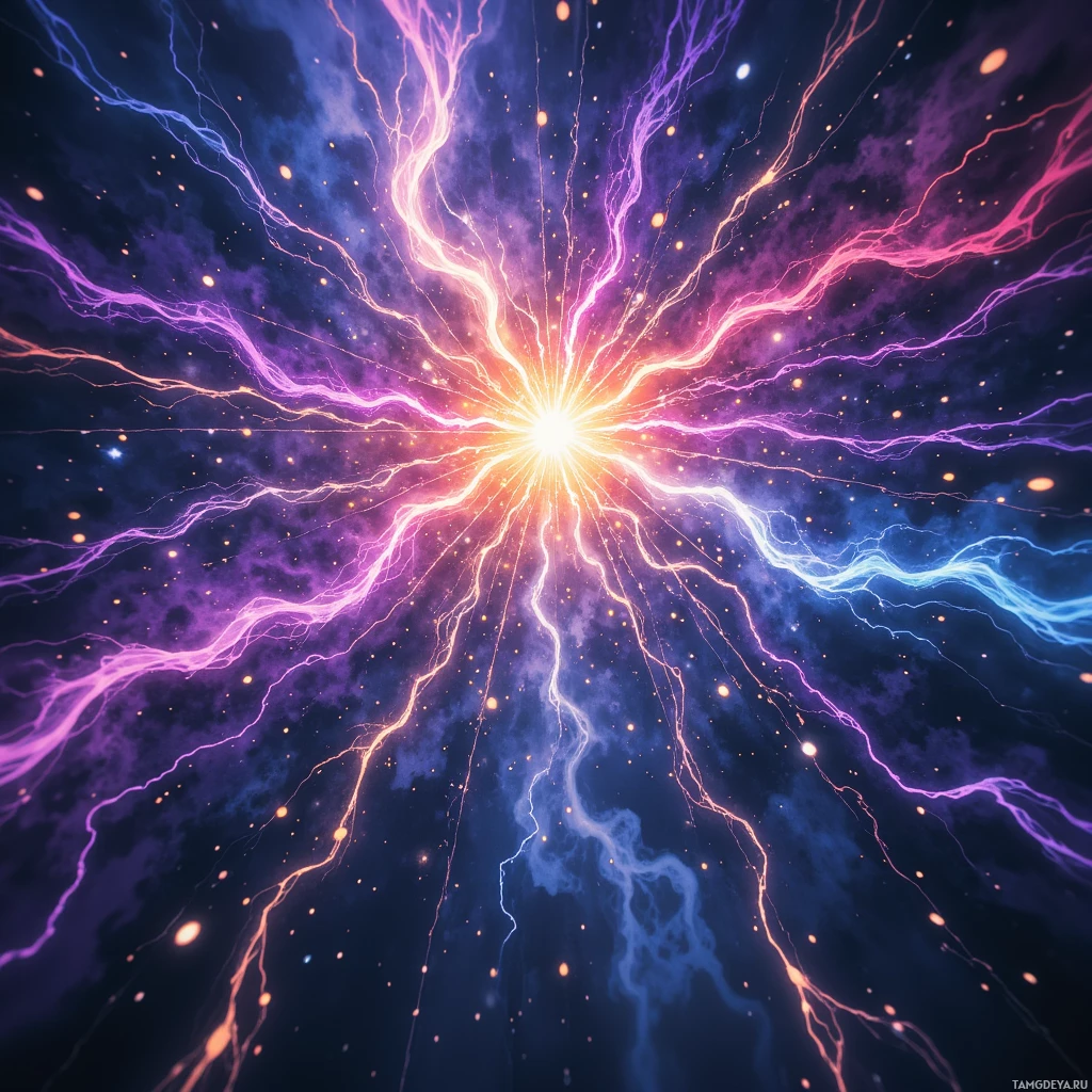 A vibrant cosmic explosion with streaks of light in purple, blue, and orange against a dark background.