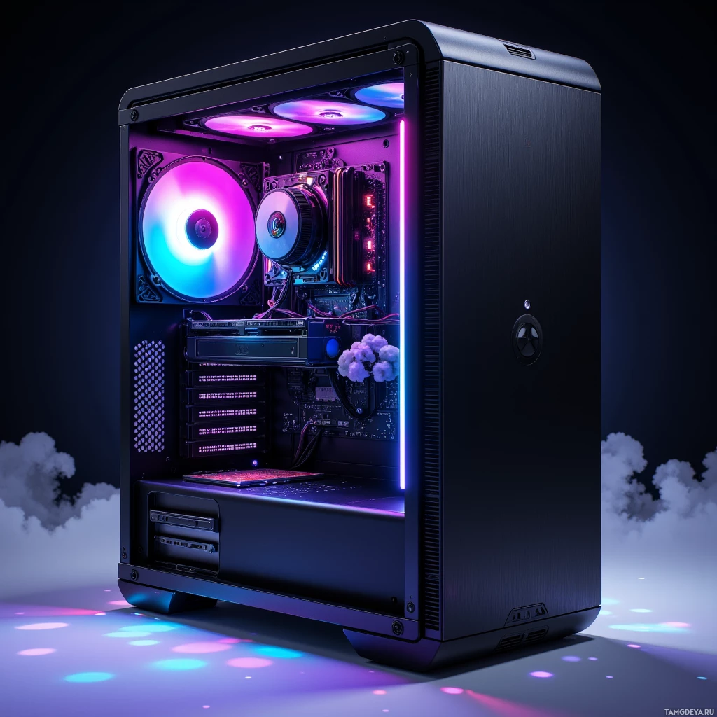 A sleek black computer tower with vibrant purple and blue lighting inside is displayed against a dark background with scattered light reflections on the floor.