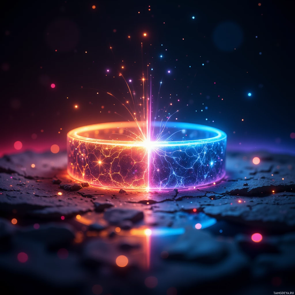 A glowing, split ring of light with orange and blue hues, set against a dark, starry background.