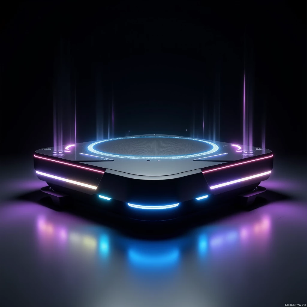 A futuristic, illuminated platform with glowing lights and beams in a dark setting.