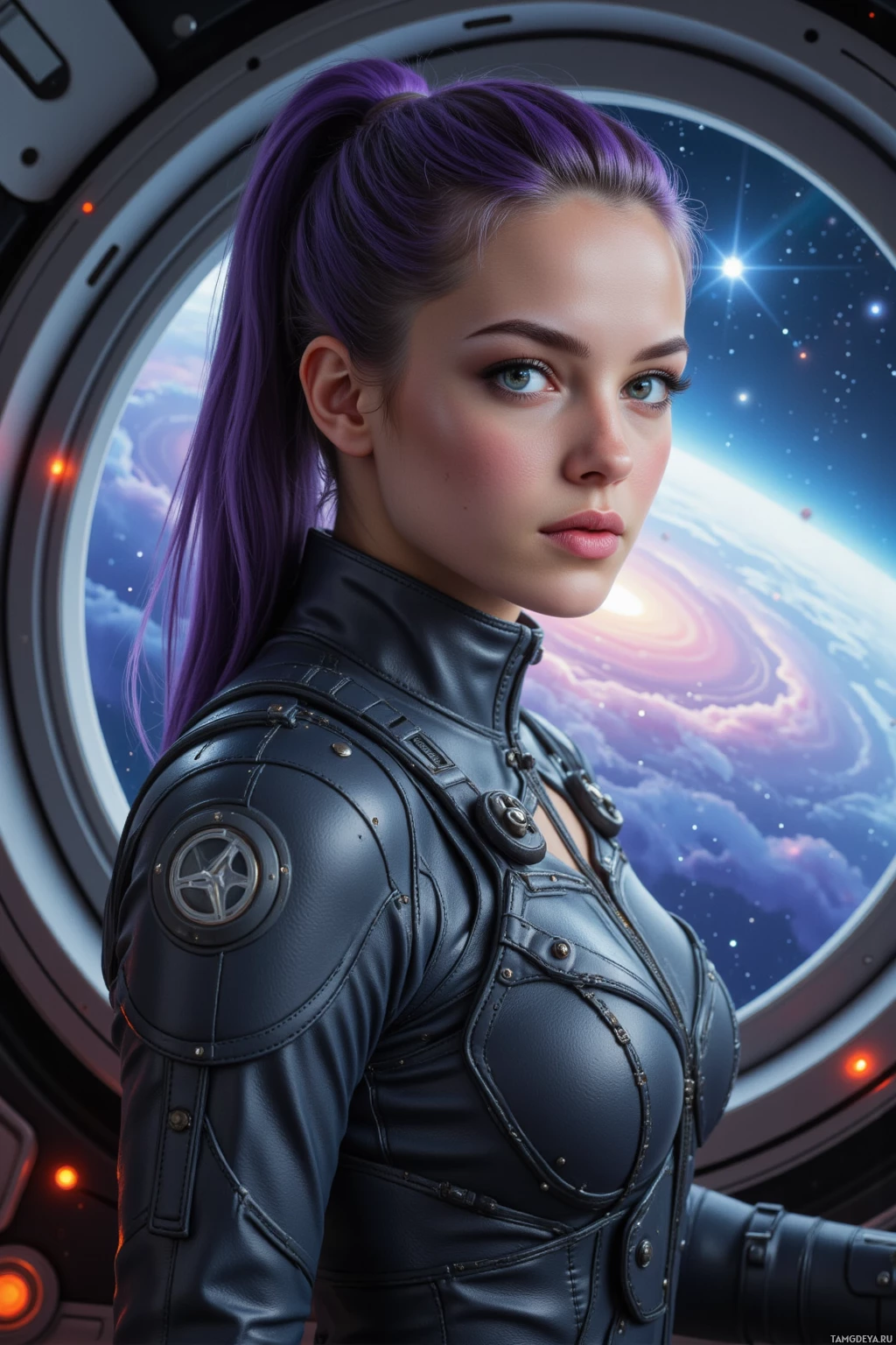 A person in a futuristic leather outfit stands near a space station window with a view of Earth and stars.
