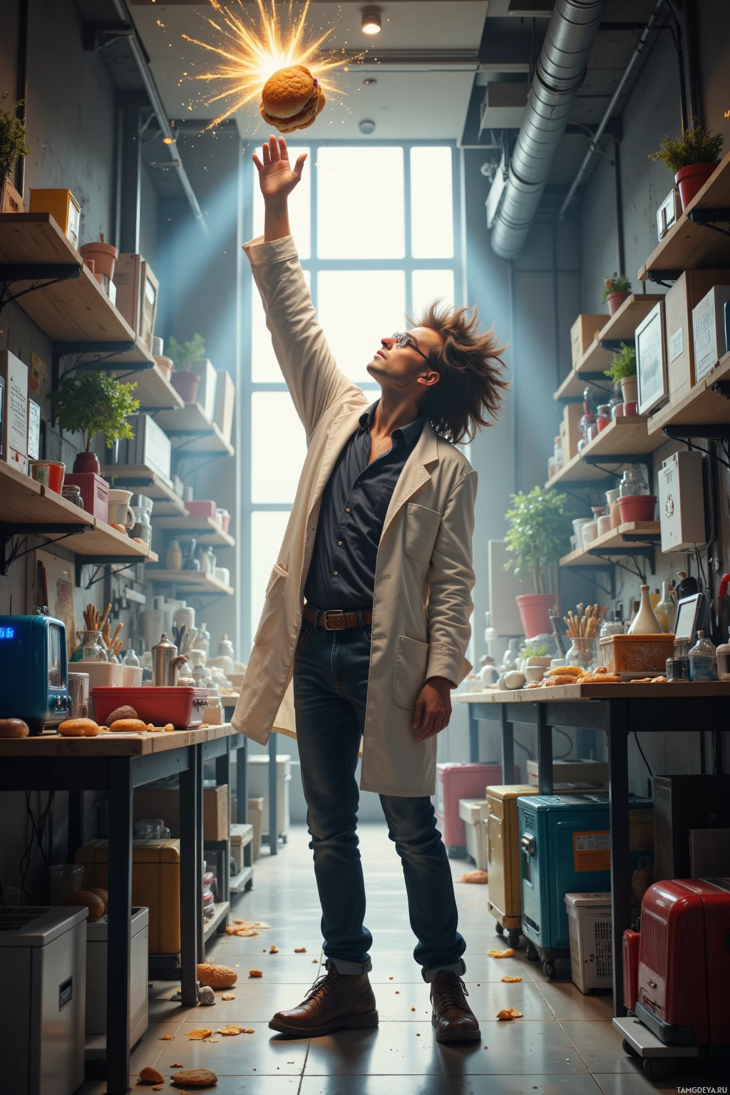 A person in a lab coat throws a hamburger into the air in a cluttered workshop.