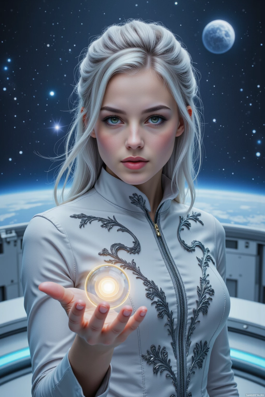 A person in futuristic attire holds a glowing orb against a cosmic background.