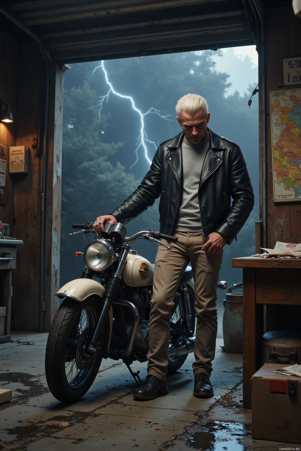 A man stands in a garage next to an old motorcycle with lightning striking outside.
