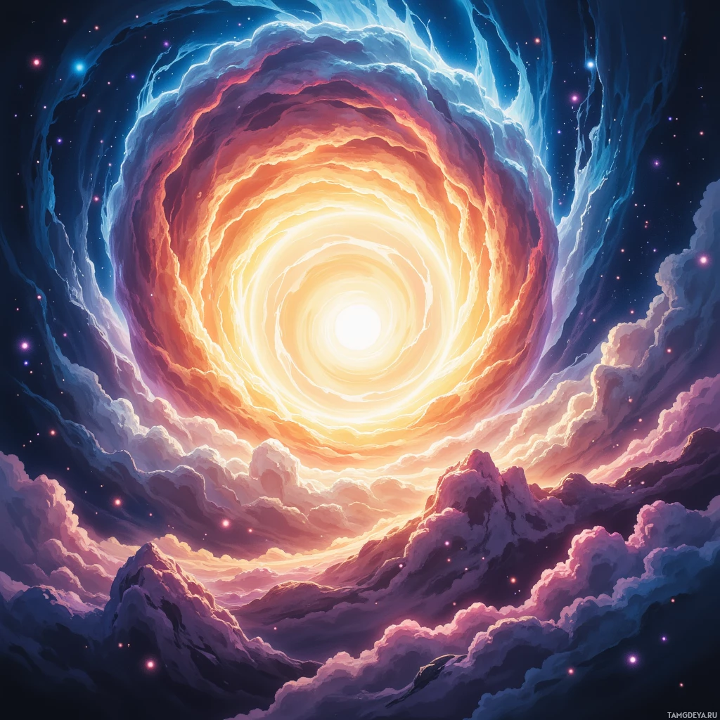 A vibrant, swirling vortex of light and color dominates the image, set against a starry night sky.
