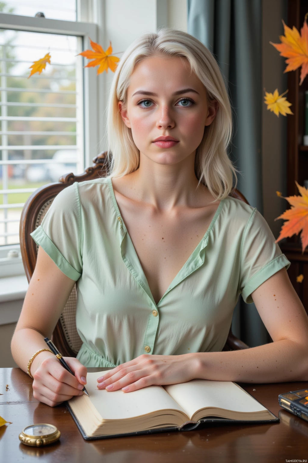 A person in a light green blouse is sitting at a desk with an open book and writing with a pen.