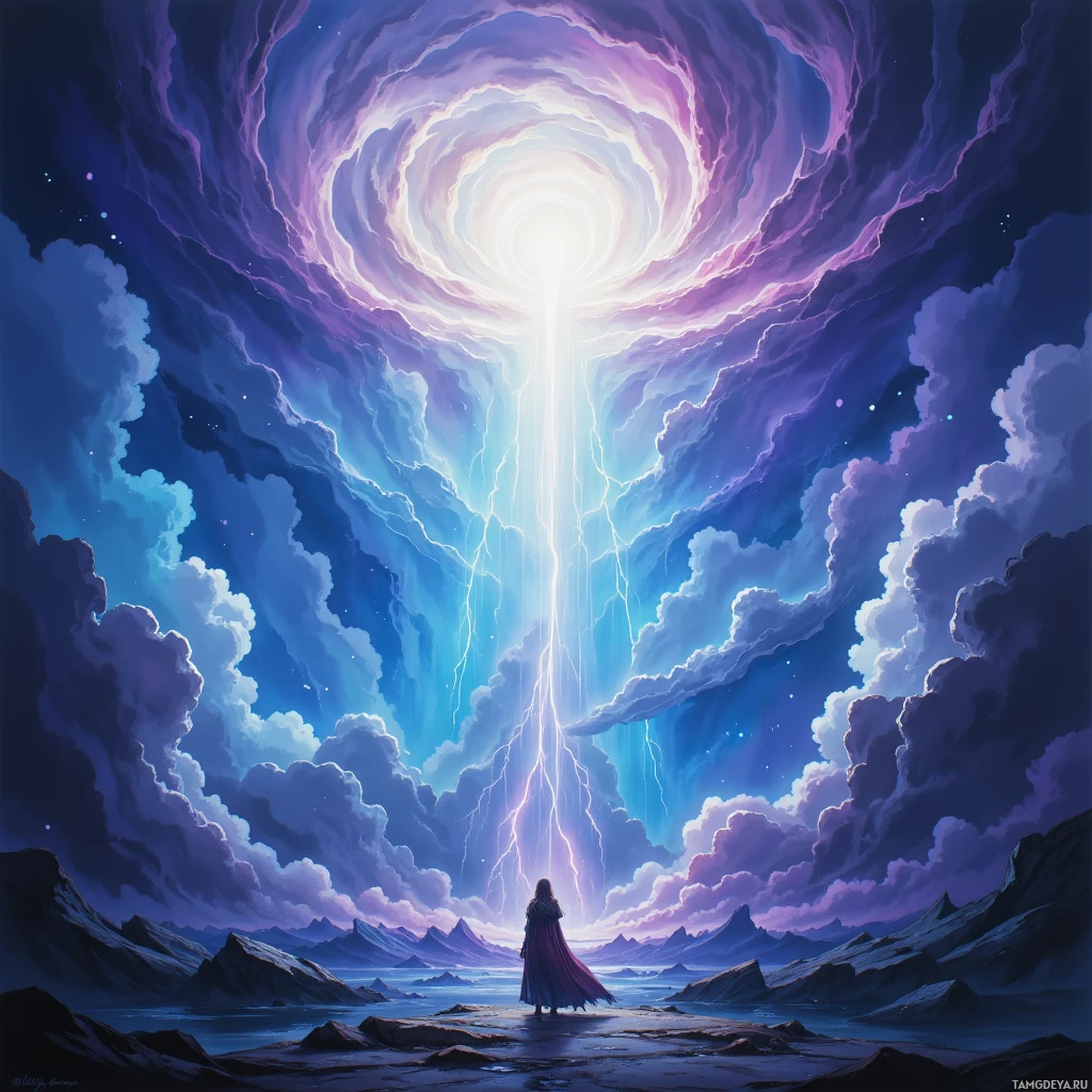 A person stands on a rocky landscape under a dramatic sky with a bright, glowing light beam descending from the clouds.