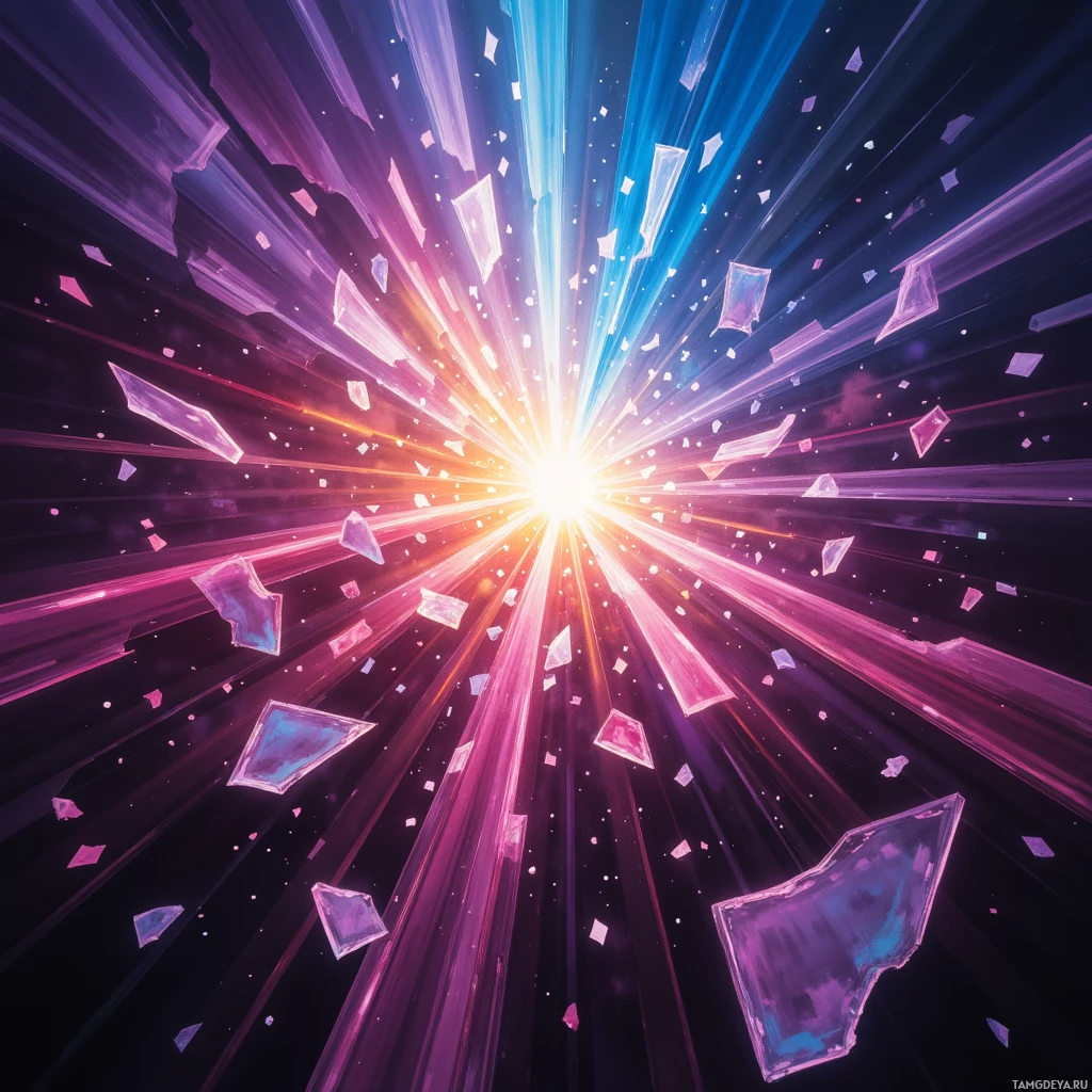 A vibrant explosion of light and shattered glass fragments in a cosmic setting.